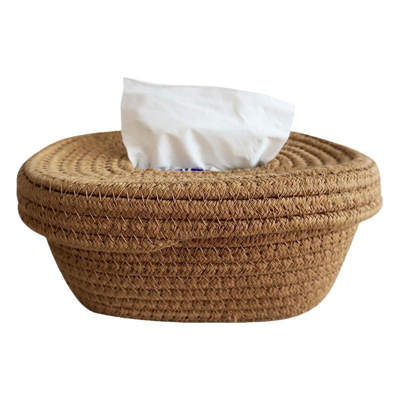 Nordic Style Cotton Rope Tissue Box with Lid - Living Room & Dining Table Storage Basket