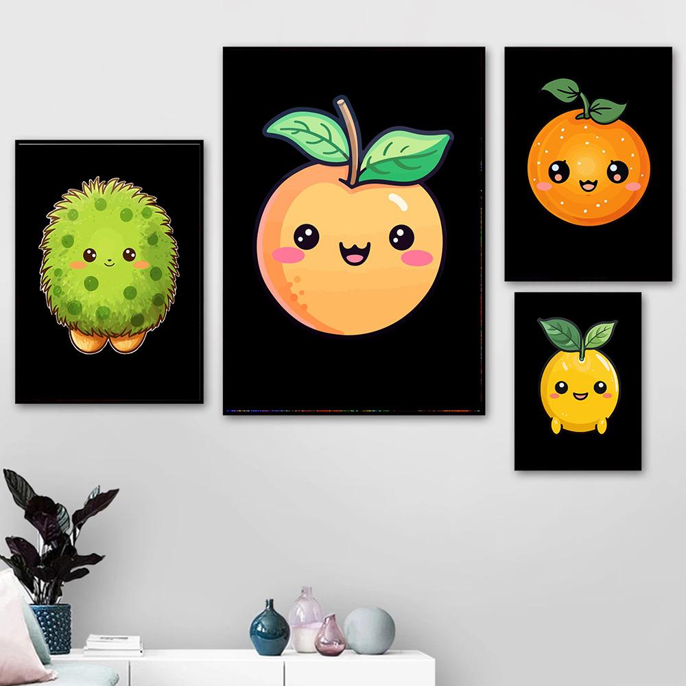 Cartoon Cute Smiling Fruits Posters Canvas Painting Modern Wall Art Pictures For Living Room Bedroom Dining Room Home Decoration