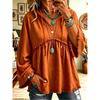 Women Boho Hooded Tunic Top V Neck Drawstring Fringe Frayed Hem 3/4 Flare Sleeve Loose Casual Blouse