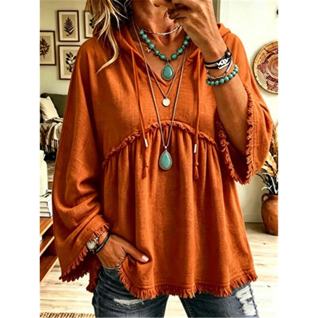 Women Boho Hooded Tunic Top V Neck Drawstring Fringe Frayed Hem 3/4 Flare Sleeve Loose Casual Blouse