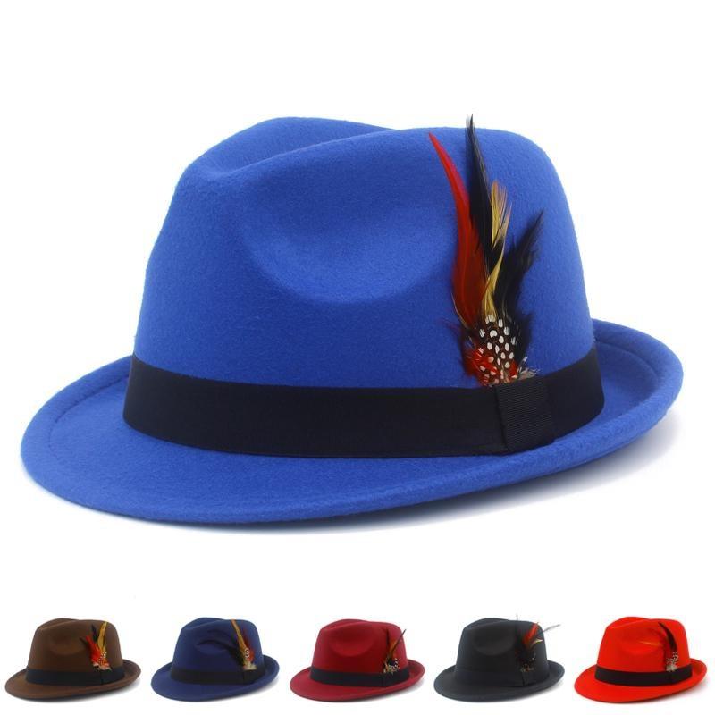 New color feather small top hat men's and women's fashion felt hat all match gentleman hat retro jazz hat