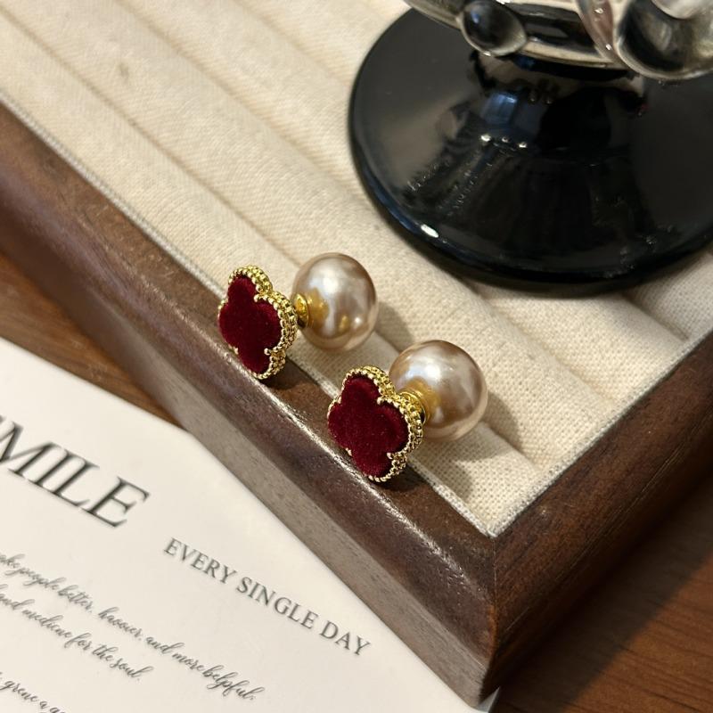 Red Flocked Four Leaf Clover Pearl Two Way Wear Luxury Earrings