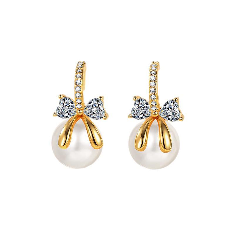 Korean Elegant Zircon Bow Pearl Stud Earrings for Women - Fashionable, Light Luxury, Versatile