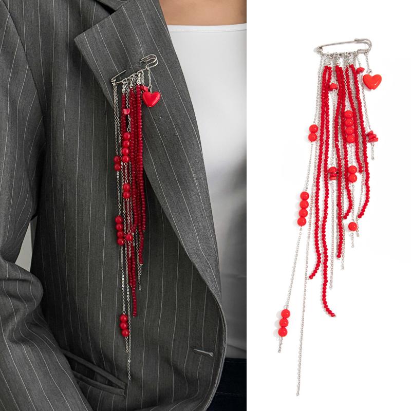 Punk Red Crystal Bead Brooch Long Tassel Chain Heart Pendant Trendy Jewelry for Backpack Scarf Lapel Decoration