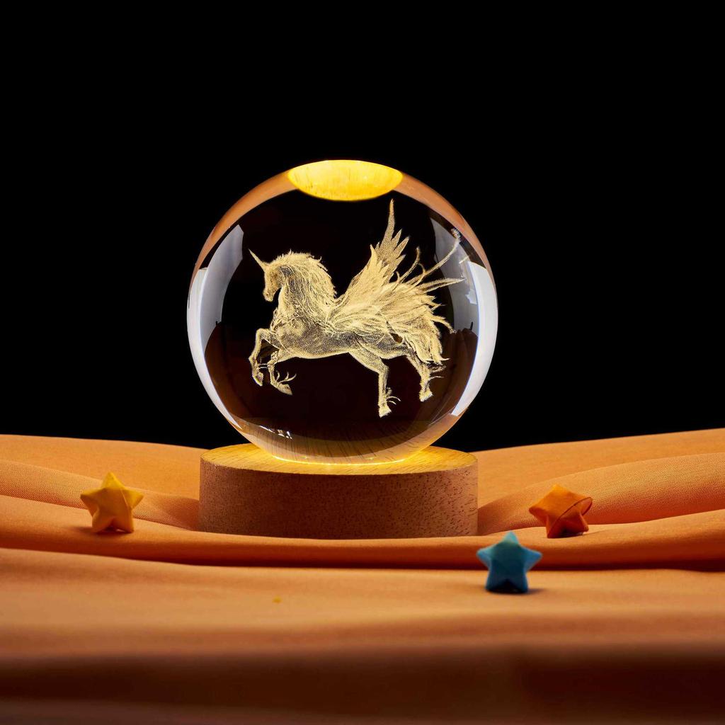 Unicorn Wing 3D Crystal Ball Night Light with Rotating Colorful LED Bluetooth Base