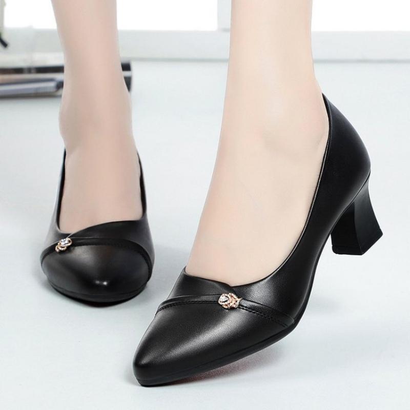 High Heels, Single Shoes, Women's Small Leather Shoes, Spring Women's Shoes, Mid-heel Versatile and Elegant Shallow-mouth Single Shoes