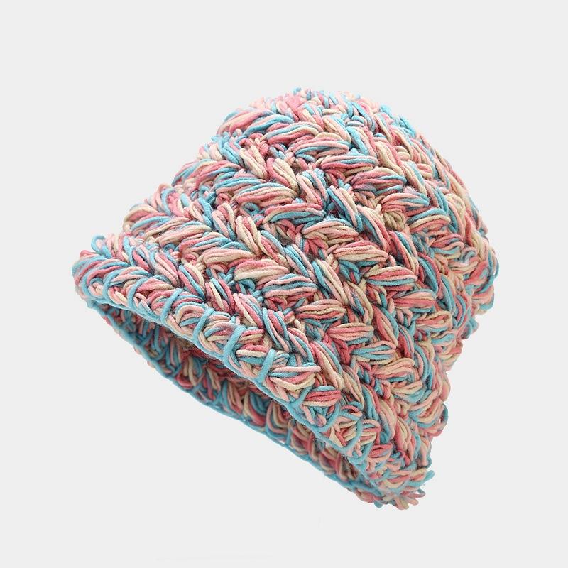 Mixed Color Thick Stick Needle Hand-knitted Wool Bucket Hat Women's Autumn and Winter Thickened Warm Hemming Basin Hat