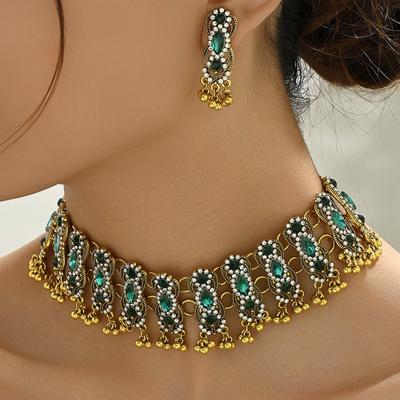 Vintage Jewelry Set Ethnic Inlaid Crystal Party Accessories Women Necklace Earrings