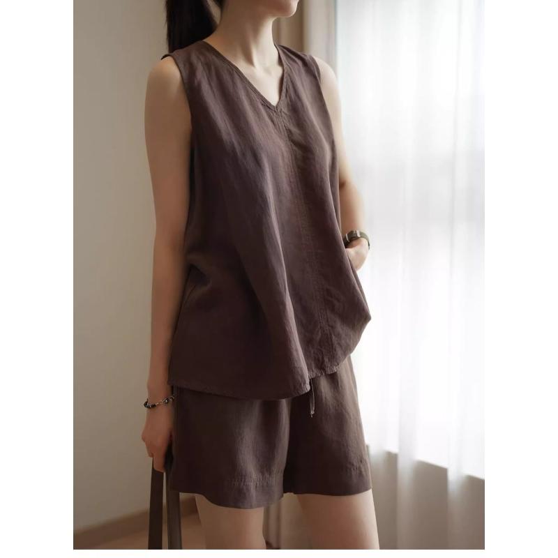 Canotta da donna in misto lino con scollo a V, casual, vestibilità ampia, senza maniche