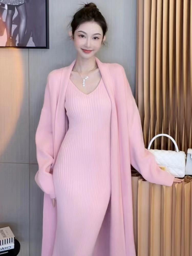 2024 Women's Autumn/Winter Knitted Dress & Sweater Cardigan Two-Piece Set - Medium & Long Lazy Style