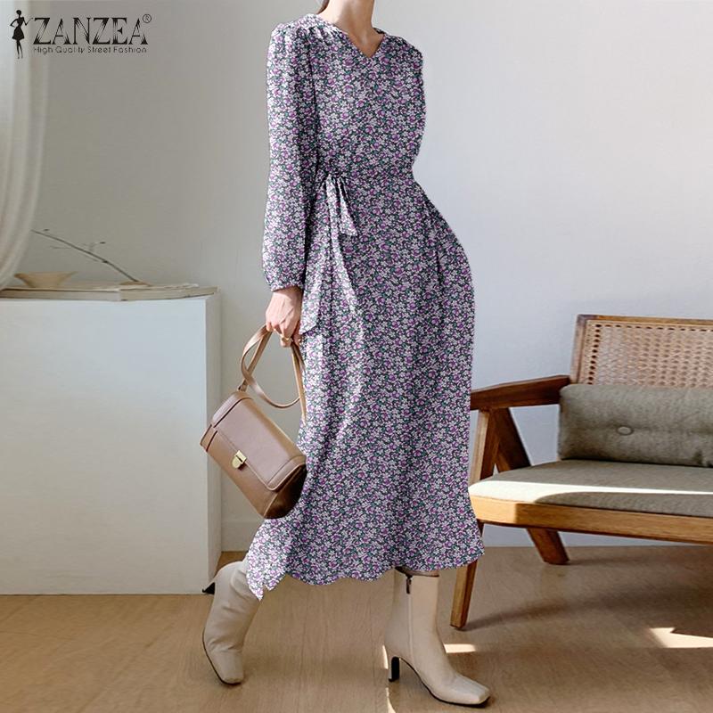 

ZANZEA Весеннее женское пышное платье с длинным рукавом с цветочным принтом с V-образным вырезом и праздничным длинным платьем