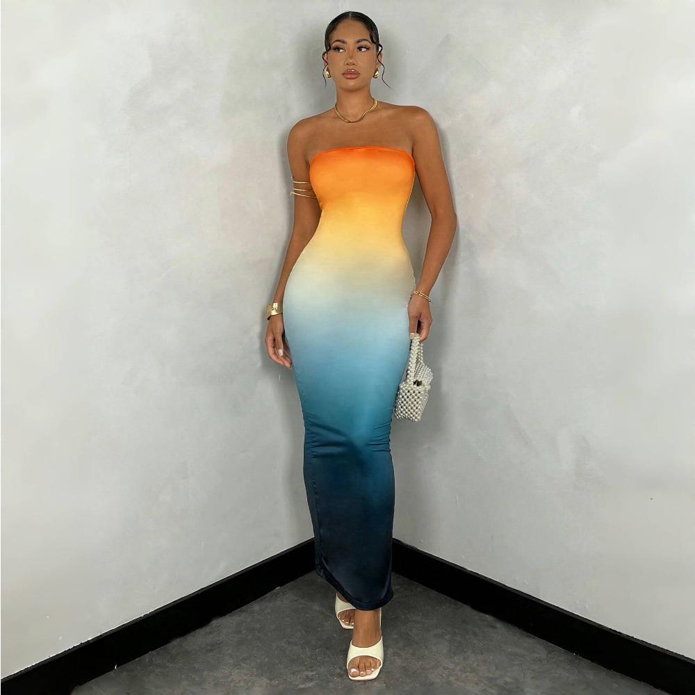 LYRIA Robe Maxi Tube Imprimée Sexy Sans Bretelles Femmes Épaules Dénudées Dos Nu Stretch Longue Robe d'Été Plage Vêtements Y2K