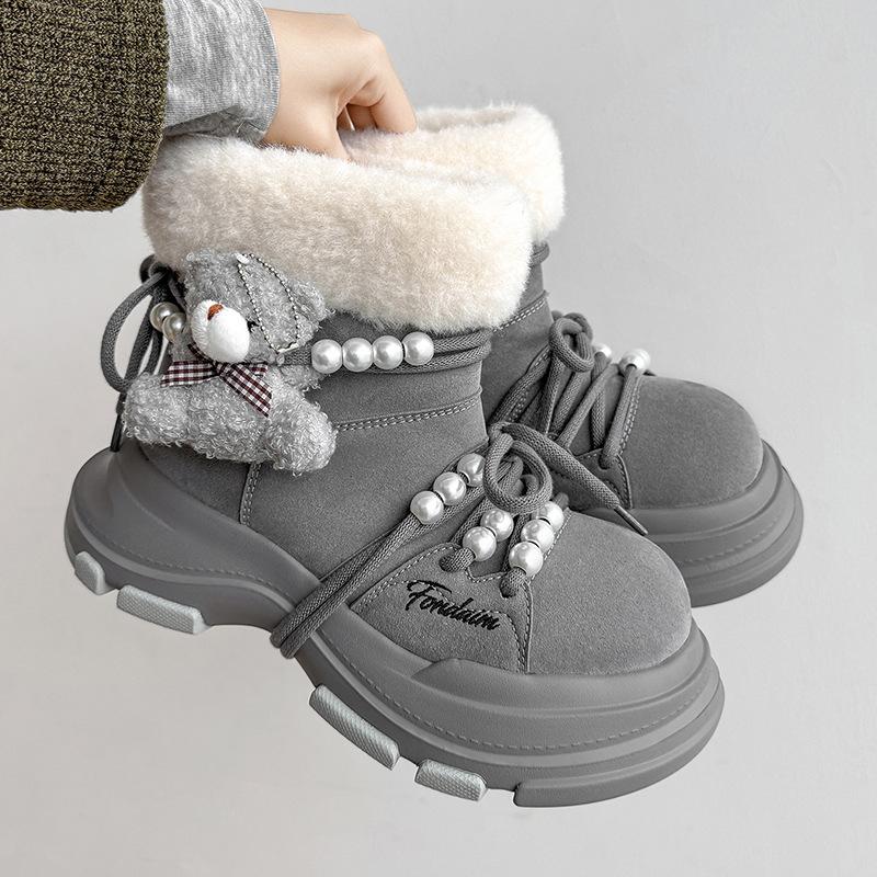 Khaki thick-soled snow boots winter velvet thickened short Martin boots bear couple warm boots female 35 серый