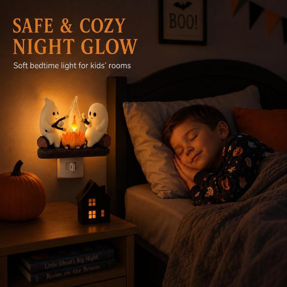 Ghost Campfire Night Light, Plug-in Wall Flickering Flame Nightlight, Halloween 3D Cute Spooky Marshmallow Ghost Decoration for Bedroom