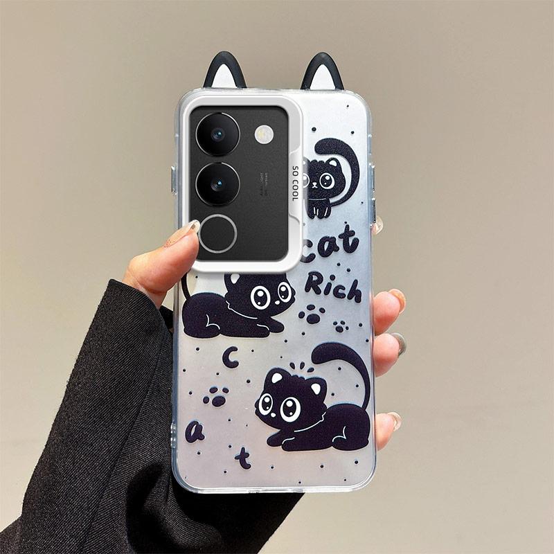 KEYSION Cute Ear Cartoon Case for VIVO V29 5G with Lanyard Soft Silicone+PC Shockproof Phone Back Cover for VIVO V29 5G