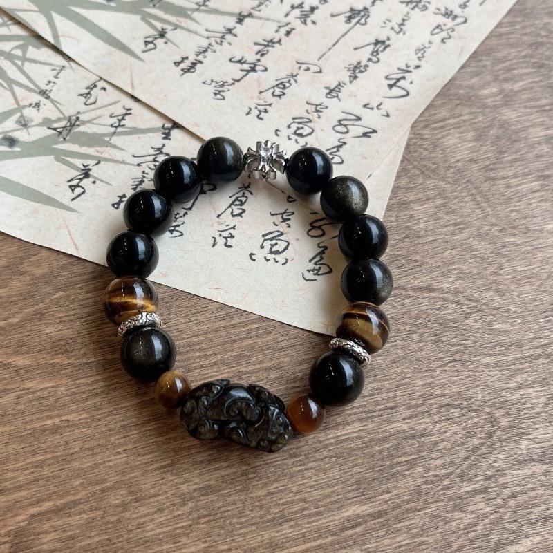 Natural Obsidian Pixiu Bracelet With Tiger Eye Beads Handmade Boho Chic Unisex Jewelry Daily Wear