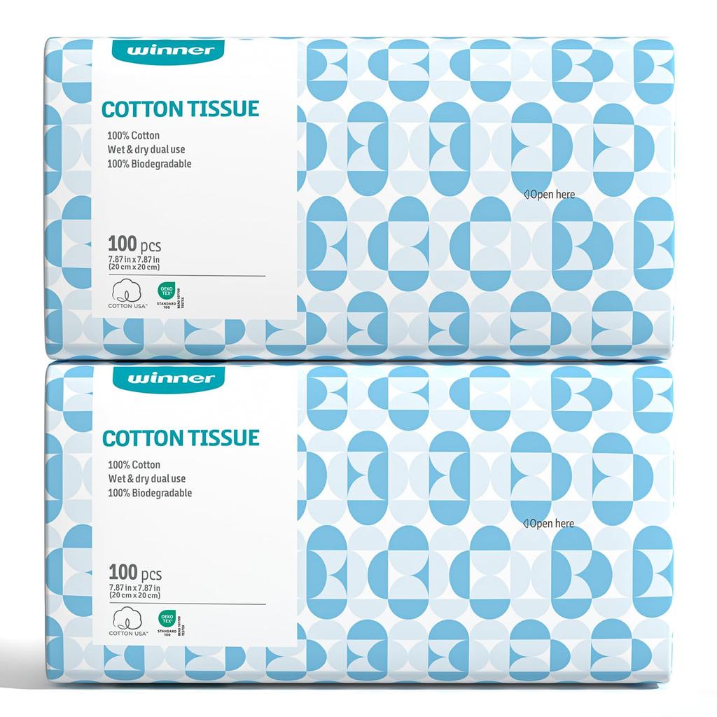 Winner Face Natural Disposable Face for Hand Face Makeup Sensitive 20x20cm Packs of Towels, OEKO-TEX® Certified, 200-Count, Cotton, Towels, Lint-Free,
