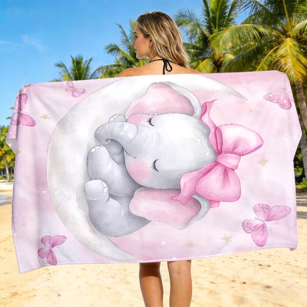 1pc Elephant Pink Bow Moon Beach Towel, Quick Dry, Ideal for Beach Camping Swimming Diving Surfing Travel, Perfect Easter Summer
