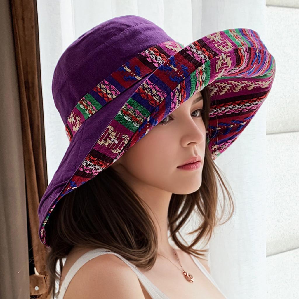 Fisherman Hat Spring Summer National Style Reversible Sun Hat Travel Versatile Cap Women'S Face-Covering Influencer Beach Hat