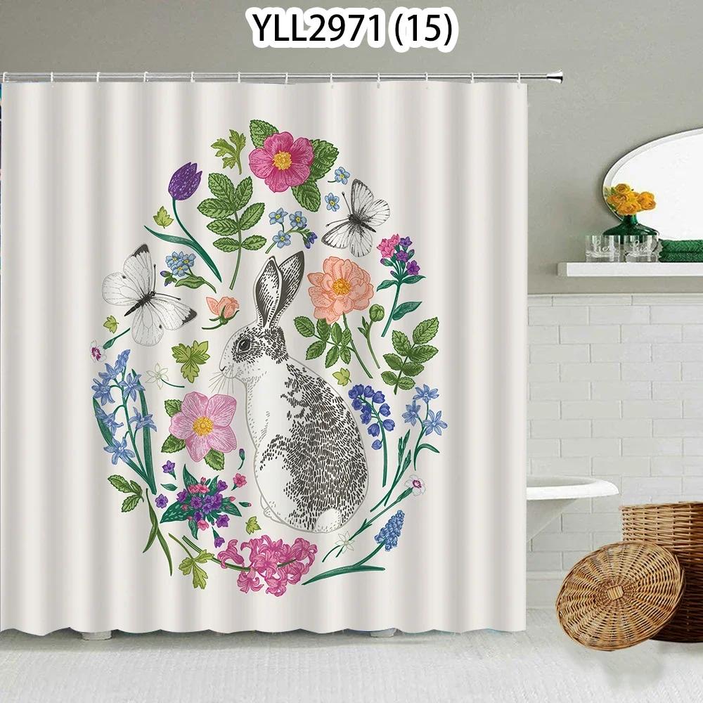 Katze Hase Tierdruck Floral Heimdeko Duschvorhang Wasserdichtes Polyester   Duschvorhang