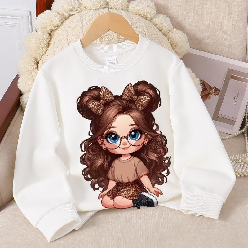 Kids Crewneck  Long Sleeve Sweatshirt, Leopard Print Bow Hair Accessories Print