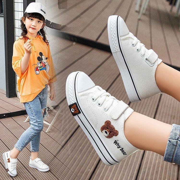 Classmate Foreign Trade 2025 Children's Bear Canvas Shoes Fashion Students Little White Shoes Boys and Girls Velcro Board Shoes