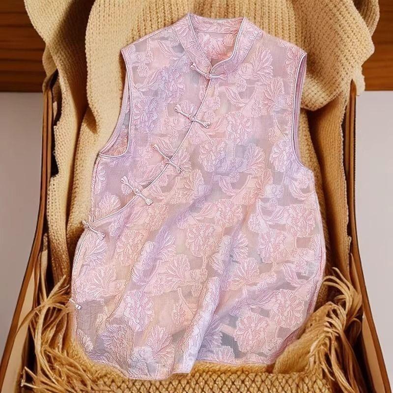 Jacquard Premium Plate Button Dark Pattern Sleeveless Shirt 2025 Summer Premium Women's Top