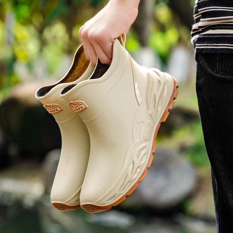 Men's Non-slip Waterproof Ankle Rain Boots - Fashionable, Wear-resistant Outdoor Rubber Shoes for Kitchen and Work.