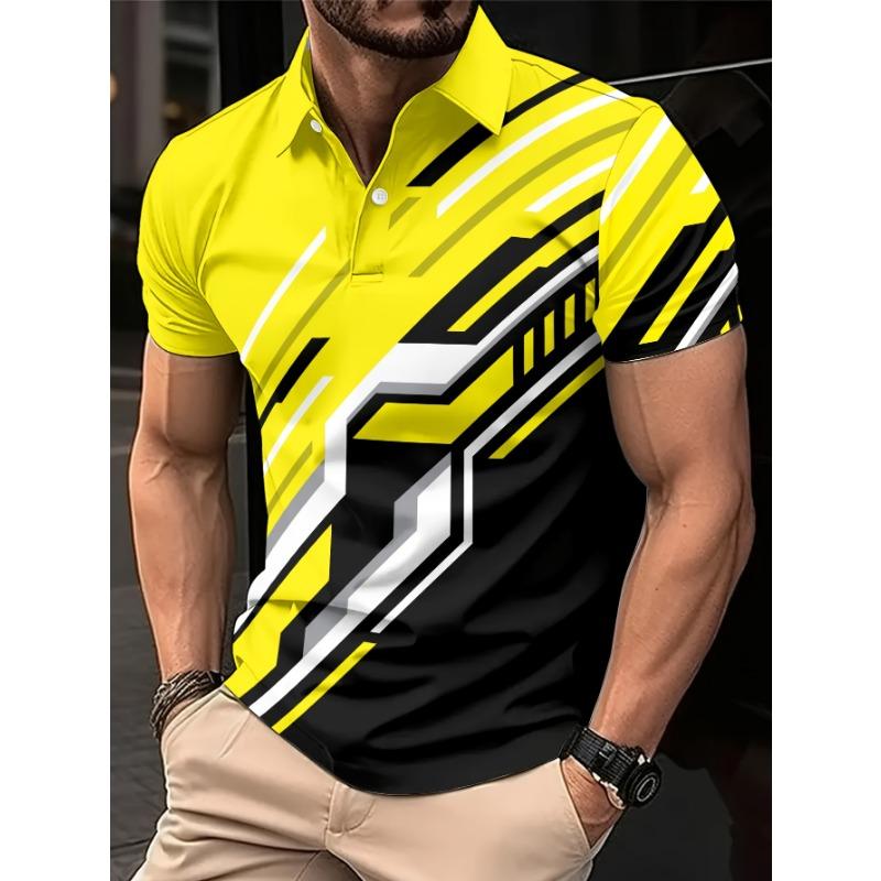 Men's 3D Print Yellow Black Geometric Stripe Techwear Short Sleeve Polo Shirt Streetwear