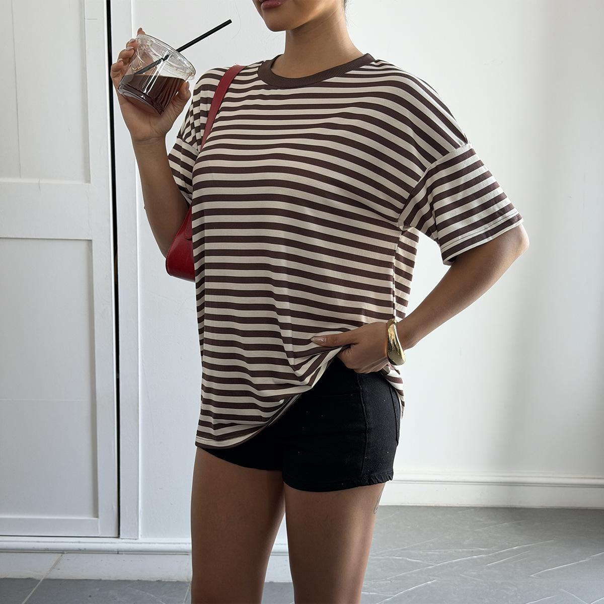 2026 Summer Casual Style Versatile Striped Short-Sleeve Loose Round-Neck Women s T-Shirt S коричневый