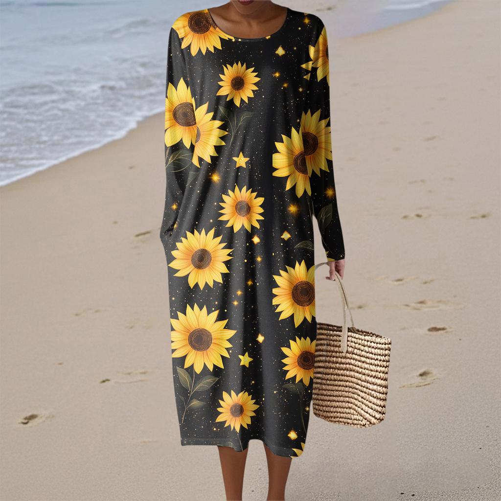 Damenmode Lässig Langarm Blumendruck Rundhals Tasche Elegant Temperament Kleid