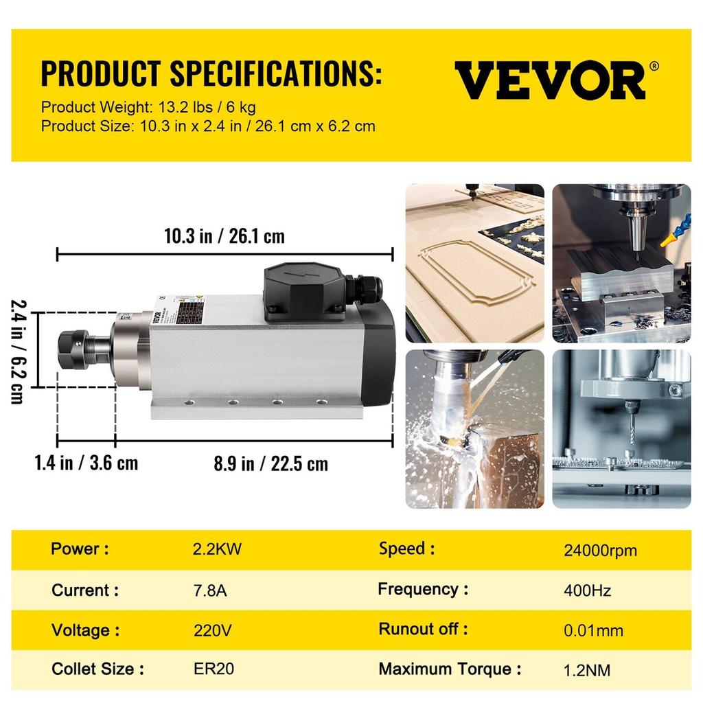 Chłodzony powietrzem silnik wrzeciona 2,2 kW CNC Silnik wrzeciona 220 V Kwadratowy Chłodzony powietrzem Silnik wrzeciona ER20 Oprawka 24000 obr./min CNC Wrzeciono 6A Silnik wrzeciona 400 Hz dla