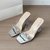 Transparent rhinestone high heels women's 2025 new thick heel wear versatile sexy temperament not tired feet open toe cool slippers