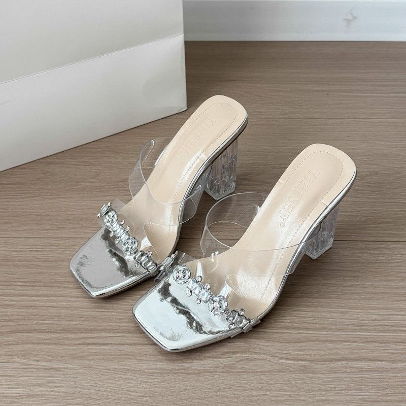 Transparent rhinestone high heels women's 2025 new thick heel wear versatile sexy temperament not tired feet open toe cool slippers
