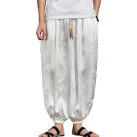 Herrenhose Laternenhose Hippie Boho Baggy Drachenmuster Locker Knöchelbündchen Weich Atmungsaktiv