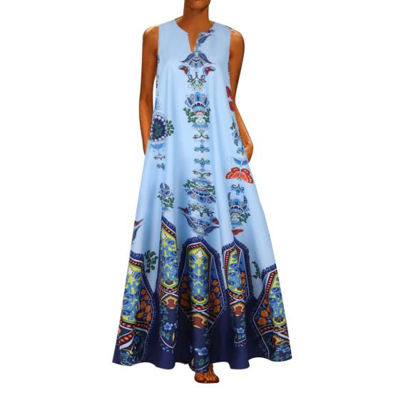Plus Size?Bohemian Summer Beach Women Sleeveless V Neck Loose Kaftan Maxi Dress