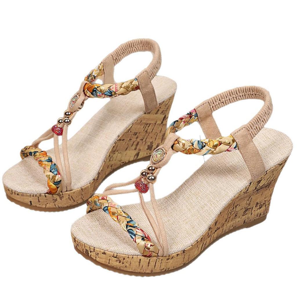 2026 Plus Size Women's Fashion Color Block Open-Toe Wedge Sandals with Woven Elastic Band