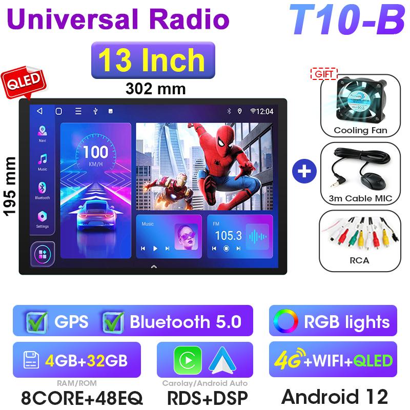 Universal 13" QLED 2 Din Android 12 Car Radio For Nissan Kia Honda Toyota Stereo Multimedia Video Player 1920*1200P Carplay Auto