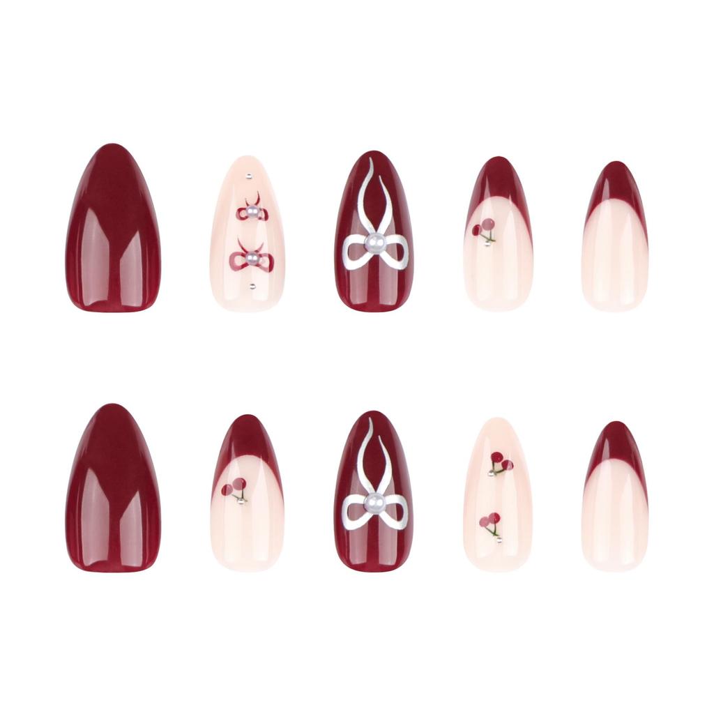 Burgundy French Bow Press-on Cherry Nail Art Tips - Hot Selling Solid Color Nails