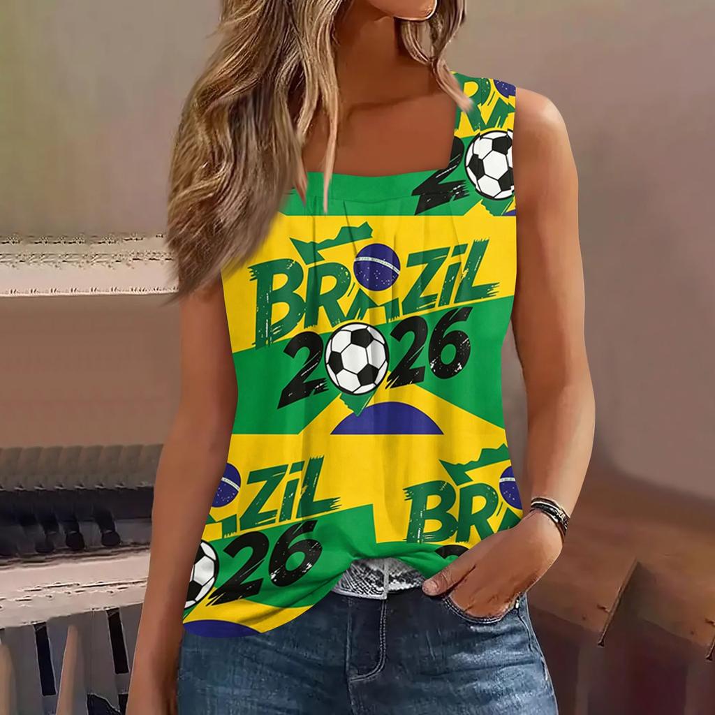 Dames Mouwloos Vierkante Hals Casual Tanktop Duitsland 2026 Voetbalprint Zomer Mode Ontspannen Pasvorm Lichtgewicht Shirt