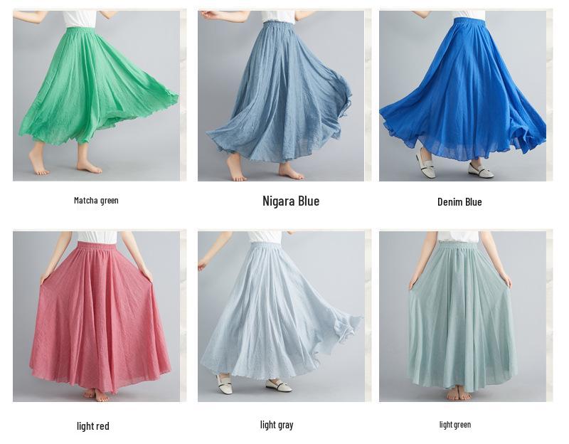 Mori Girl Plus Size Cotton Linen Midi Skirt - Elastic Waist, A-line, Solid Color, Ethnic Style, Long Length