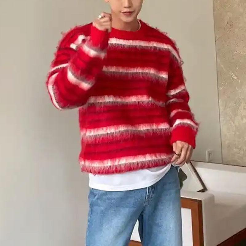 Modne Koreańskie Pasiaste Luźne Swetry Dzianinowe Jesień Zima Kontrastowe Kolory Odzież Męska Okrągły Dekolt Casualowy Vintage Swetry