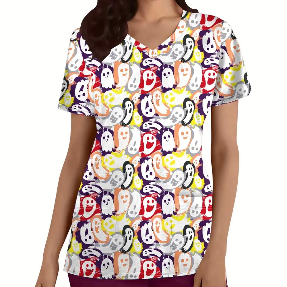Surgical Uniforms Woman Halloween Prints Curable Nurse Tops Casual V-Neck Short Sleeve Patch Pocket Tees Nurse Uniform Woman
