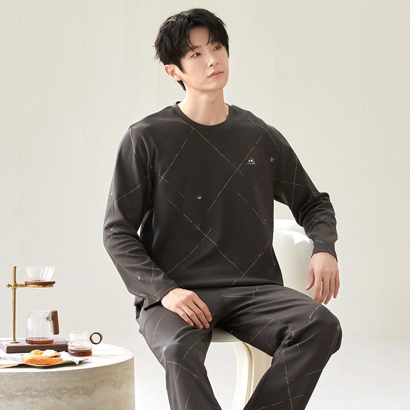 Baumwolle Herren Pullover Nachtwäsche Herbst Frühling Langarm Nachtwäsche 2 Stück Pyjamas Set Männlich