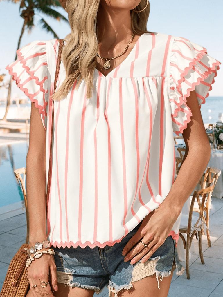 Women's Vertical Striped Blouse V Neck Ruffle Sleeve Pleated Trim Summer Top