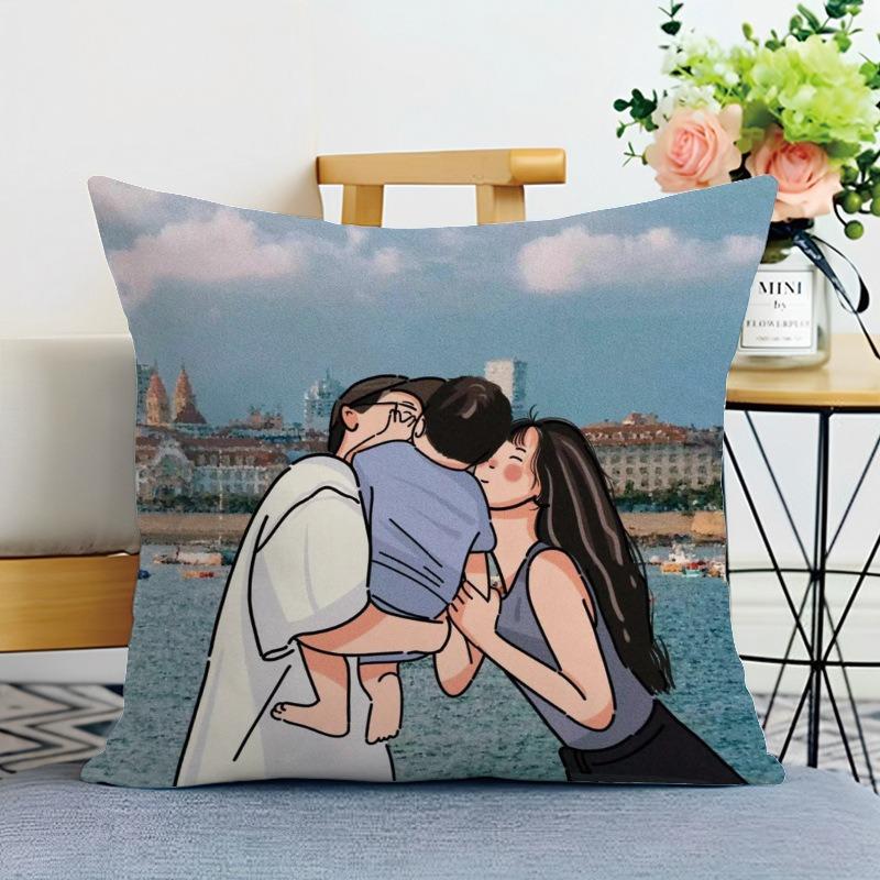 Happy Family Print Decorative Pillowcase Bedroom Living Room Square Cushion Pillowcase