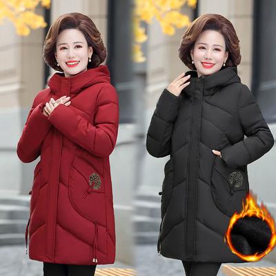 Winter Clothes Plus Cotton Thick Cotton Jacket Middle-aged and Elderly Women's Hooded Mid-length Loose Down Cotton Jacket