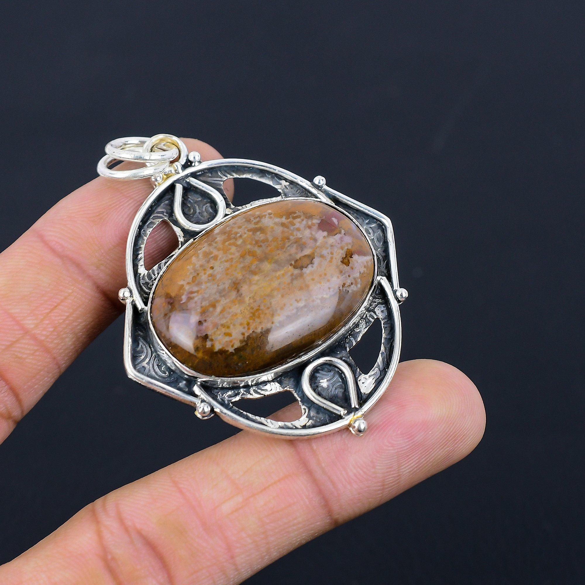 Oval Coffee Bean Jasper Stone 925 Silver Bezel Wedding Anniversary Boho Pendant