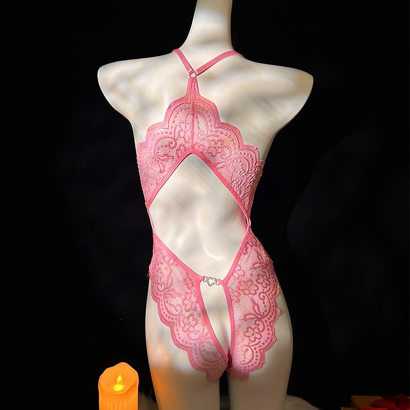 New Deep V Pink Transparent Lace One Piece Women Corset Sexy Bra Lingerie Exotic Bodysuit Pajamas Open Bow Snug Fitting Clothing