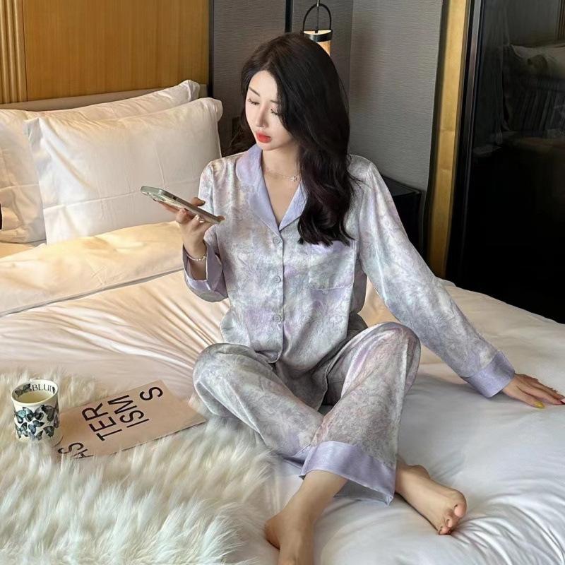 Pajamas women's ice silk spring and autumn new long-sleeved trousers ink painting satin high-end sweet wind loungewear suit